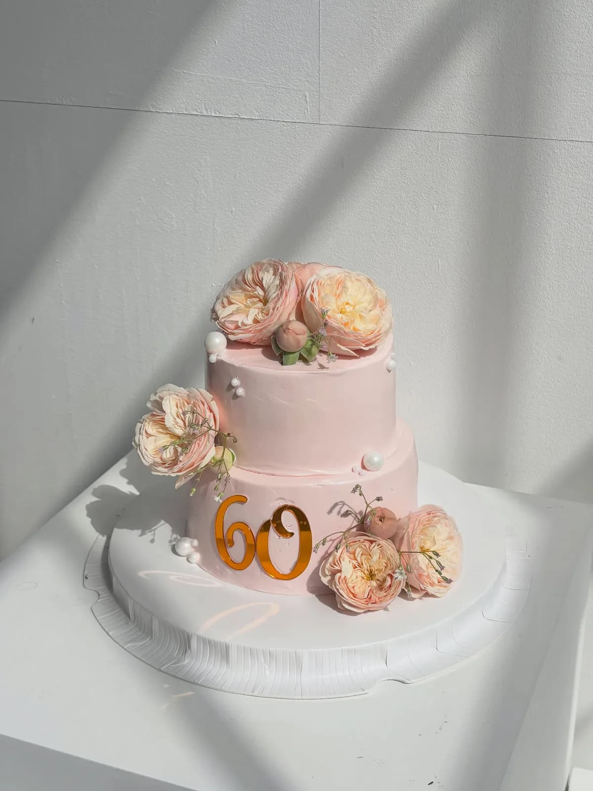 Pink cake with fresh garden roses and gold sixty candles, custom cake made in Streatham SW16 - Danine Cakes