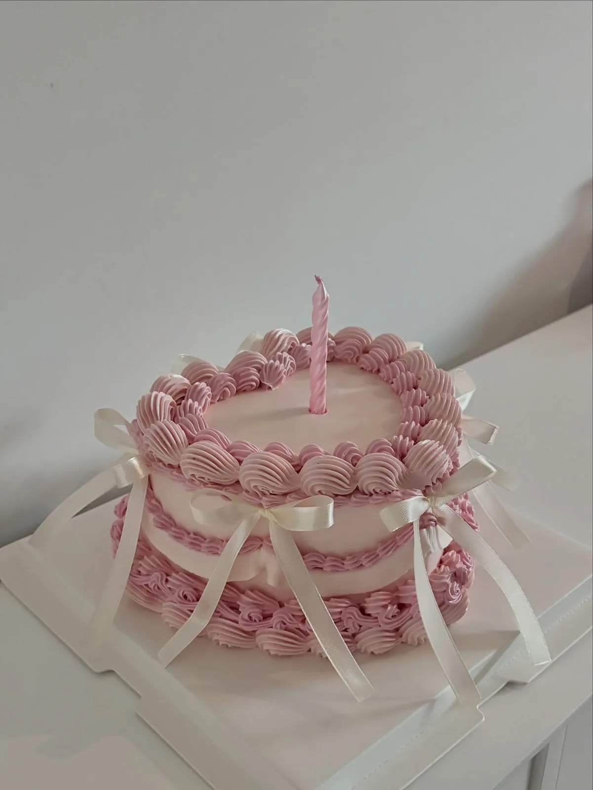 Pink piped ruffle cake with ribbon, Korean-inspired custom cake handmade in Streatham, London