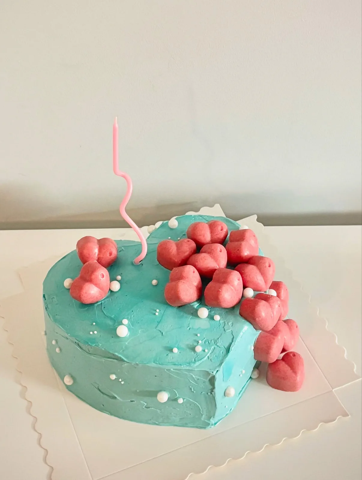 Teal cake with piped strawberries and cream, bespoke celebration cake from Danine Cakes, South London